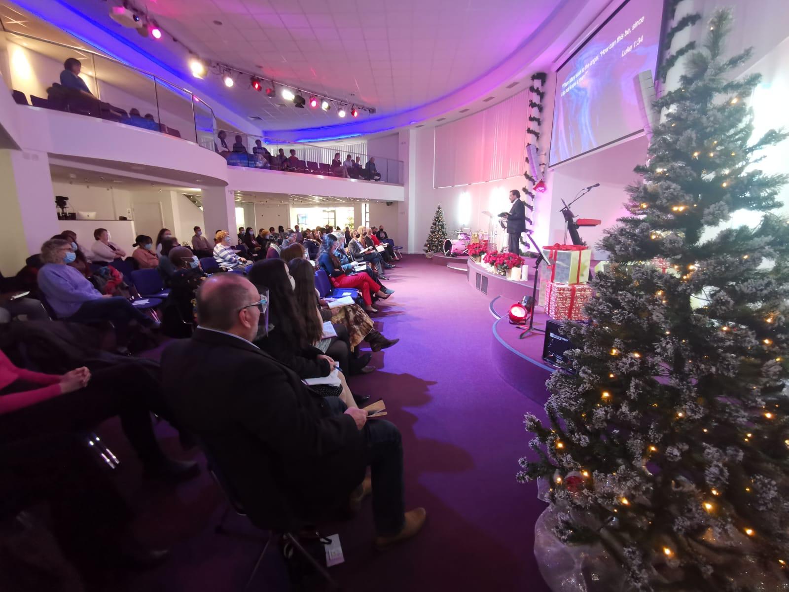 A Christmas service at Cornerstone with the tree on stage