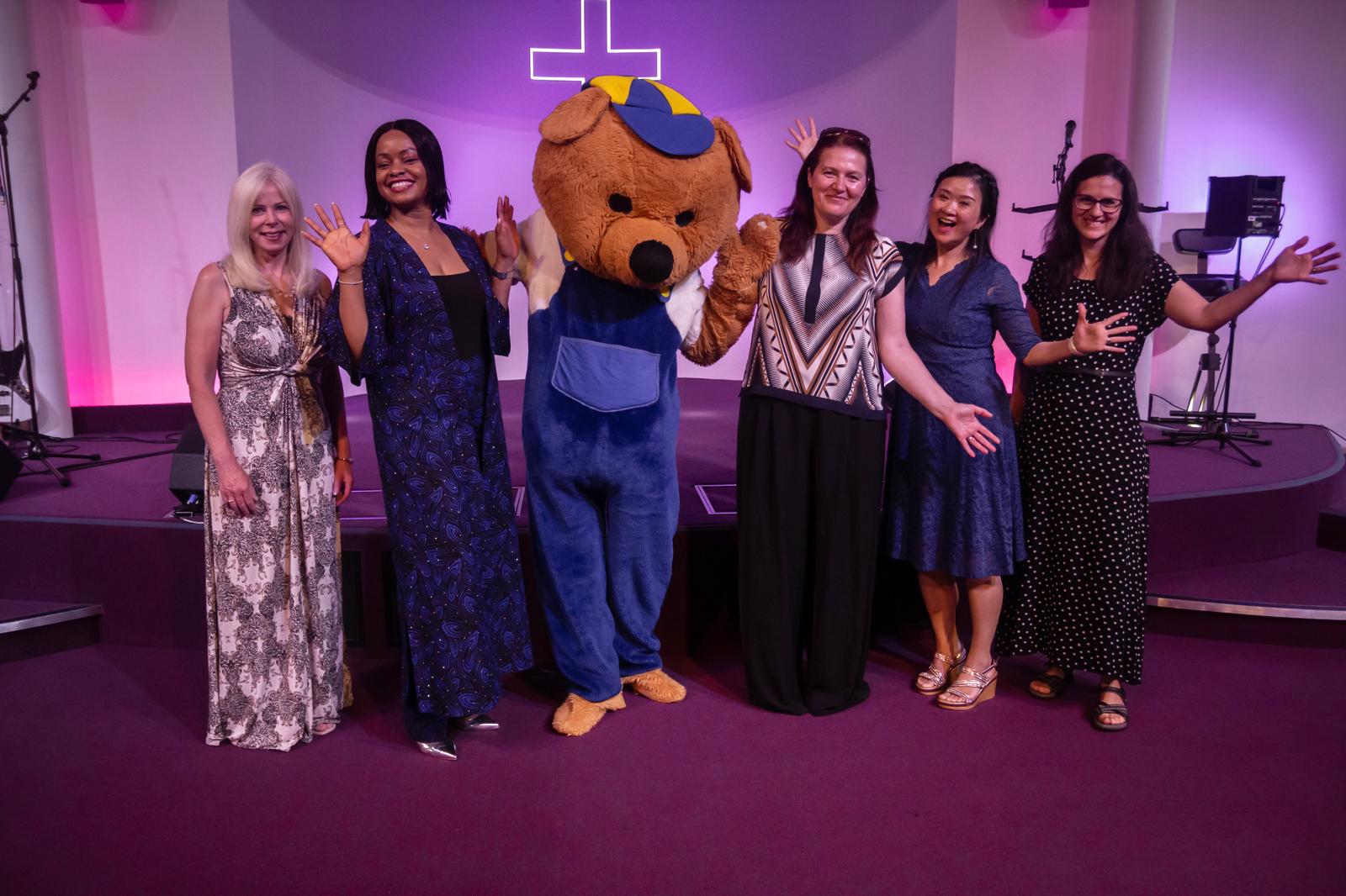 Cornerstone KidZone team with Godfrey the bear mascot