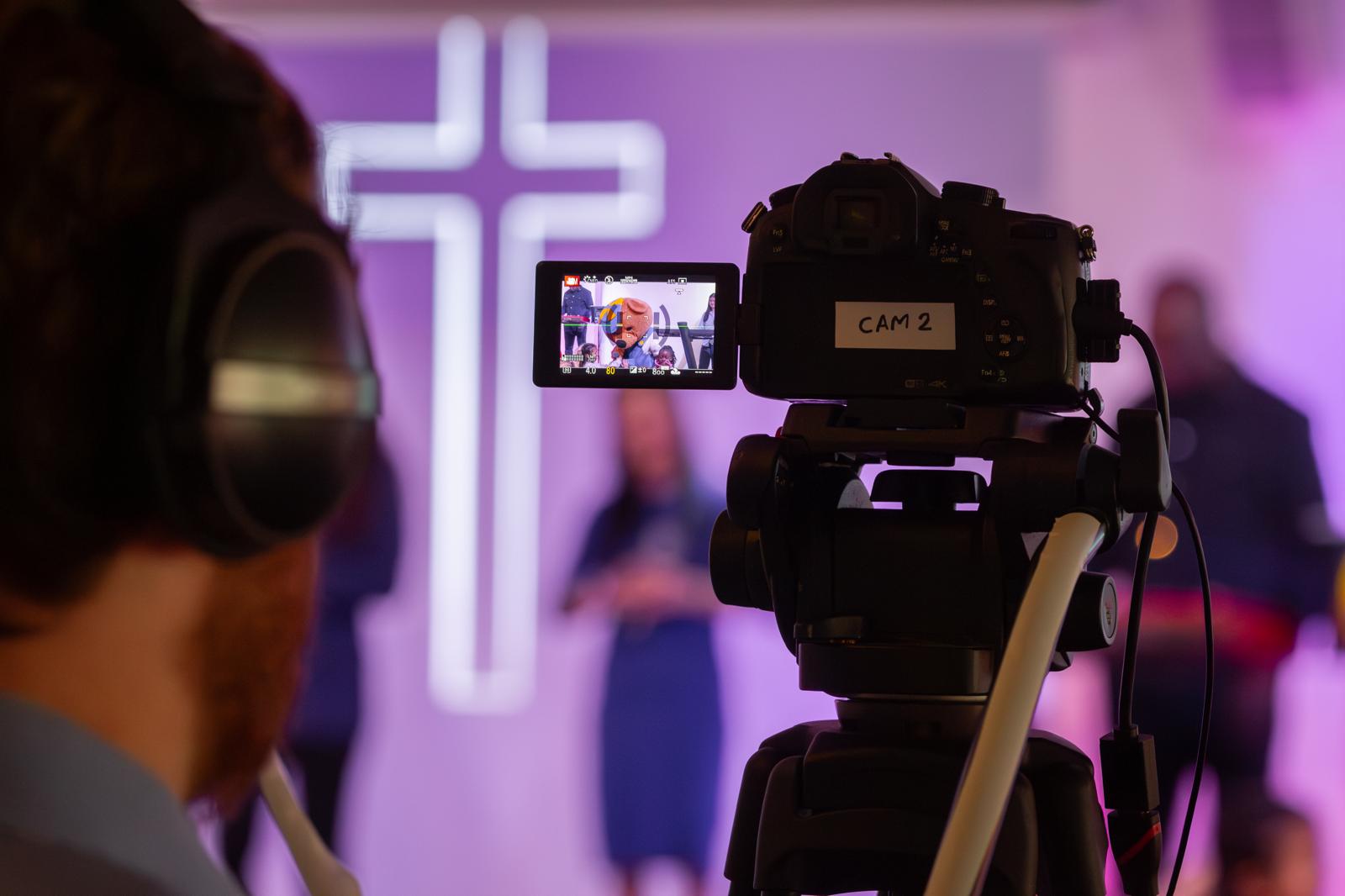 Production team operating the broadcast camera at Cornerstone