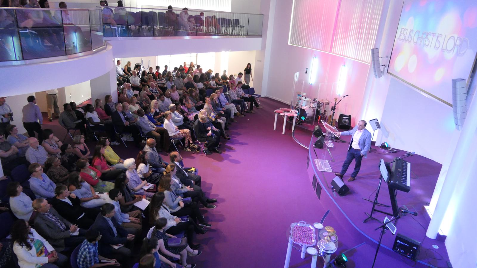 Canon J John preaching at Cornerstone, aerial view across the congregation